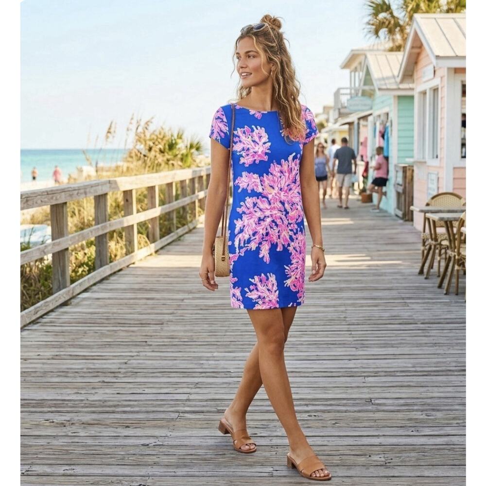 Lilly Pulitzer Marlowe T-Shirt SS Dress Sz S Blue Pink Coral Its Electric Print